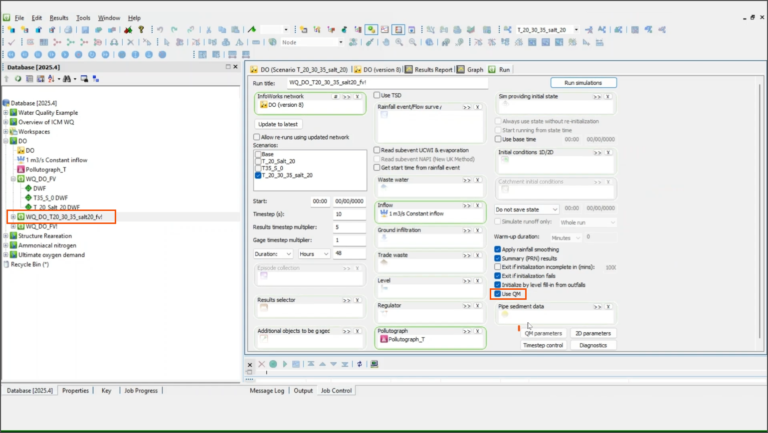 The InfoWorks ICM interface, showing the Run dialog for the third scenario set up, with the Use QM option highlighted in a red box.