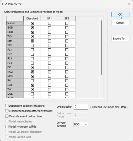 The QM Parameters dialog, showing the same pollutant options selected for the simulation.