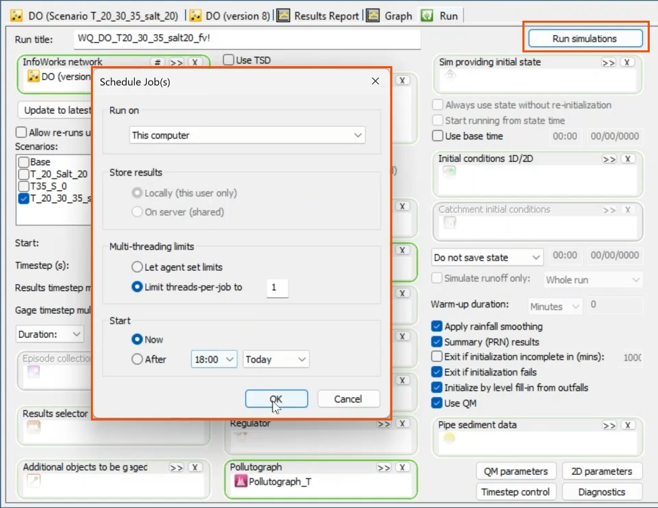 The Run Parameters dialog, with the Run simulations button highlighted and the Schedule Job(s) dialog open in front of it.