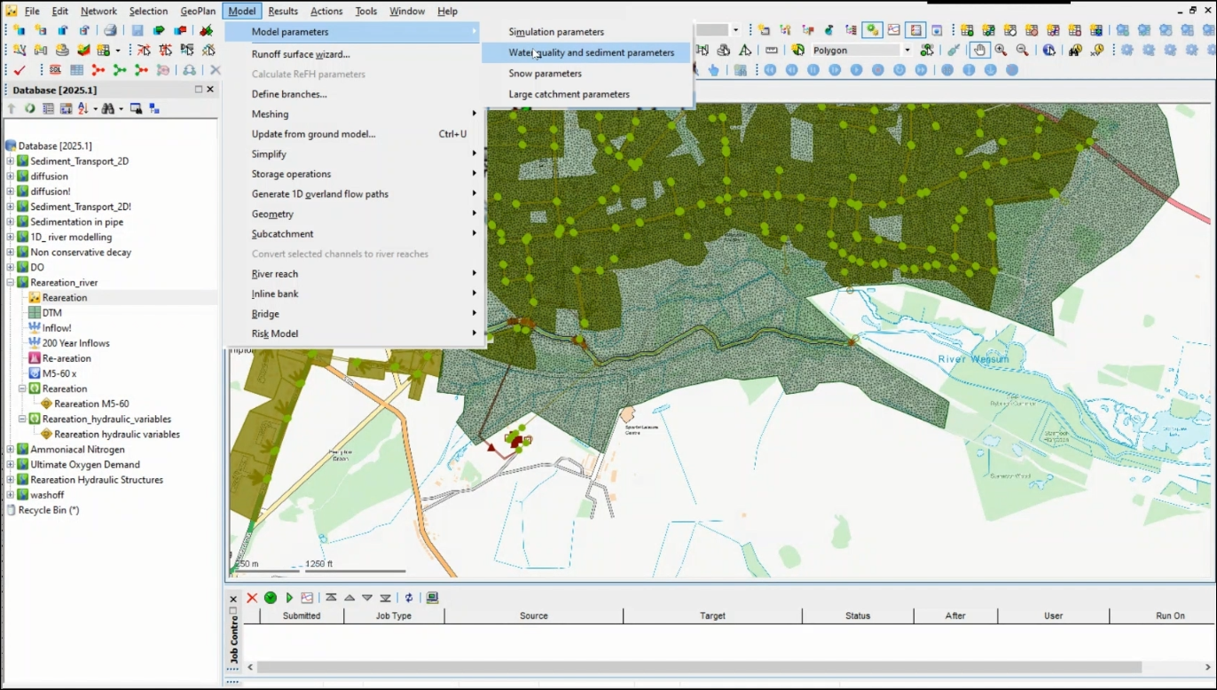 The InfoWorks ICM interface showing a map open in the GeoPlan and the Water quality and sediment parameters tool being selected from the Model > Model parameters menu.