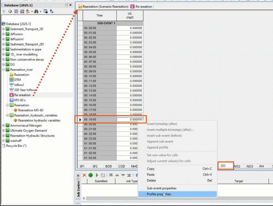 From the Database, a red dotted line connects the Re-aeration pollutograph with the open pollutograph, where the DO tab is active. The context menu for a data point is expanded and Profile properties is being selected.