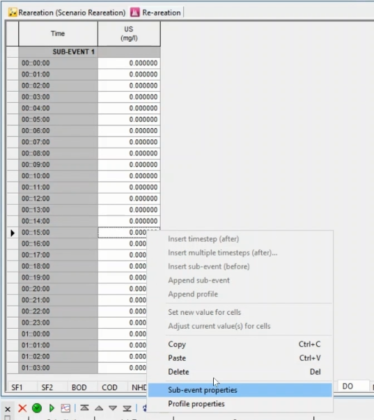 In the pollutograph, the expanded context menu for one of the data points, with the Sub-event properties option being selected.