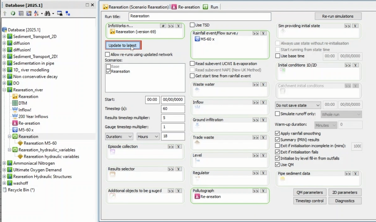 The Reaeration Run dialog, with the Update to latest option in the top left being selected.