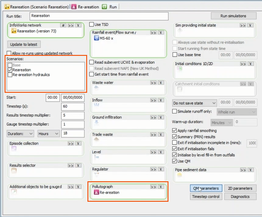 The Reaeration Run dialog, with the Reaeration scenario selected as active in the Scenarios box, the Re-aeration pollutograph active in the Pollutograph box, and the QM parameters button being clicked.