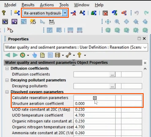 A portion of the ICM toolbars showing Re-aeration hydraulics active in the drop-down and its properties showing in the top portion of the Properties palette, where the relevant Dissolved oxygen parameters are highlighted in a red box.