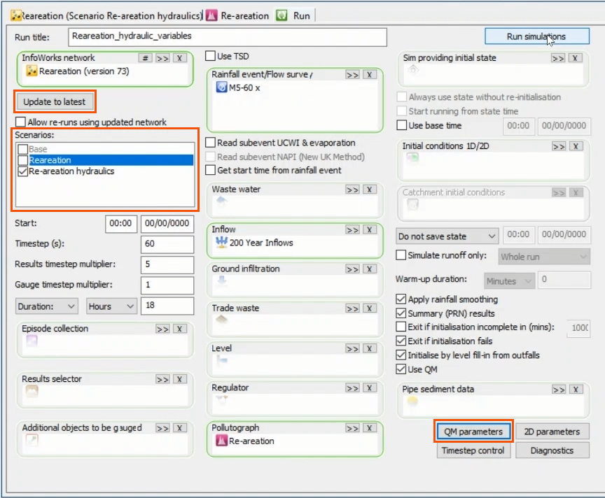 In the Re-aeration Hydraulics Scenario dialog, the Update to latest button, Re-aeration hydraulics selected in the Scenarios box, and the QM parameters button all highlighted in red, with Run simulations being clicked.