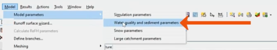 Model, then Model parameters selected, with Water quality and sediment parameters indicated for selection.
