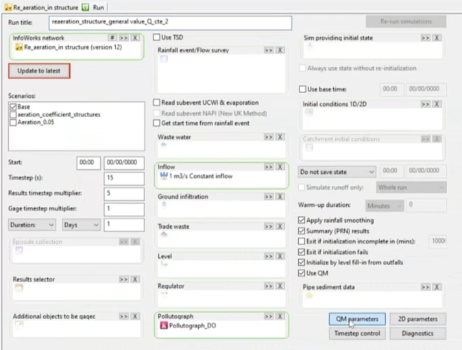 The Run dialog configured for the first scenario in this example, with QM parameters being selected.