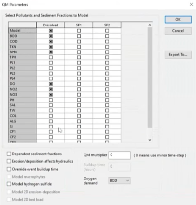 The QM Parameters dialog with the appropriate parameters selected in the Dissolved column for this example.
