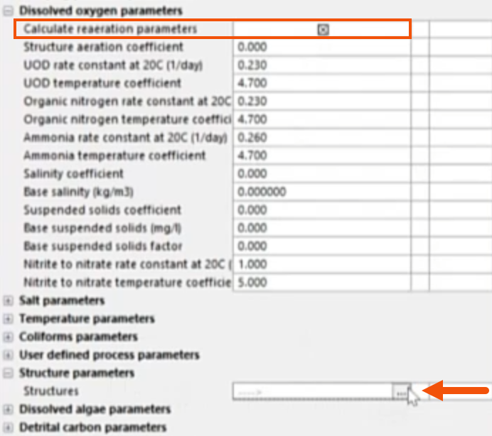 In Properties, Calculate reaeration preparation enabled and highlighted in red, and under Structure parameters, the More button being selected and called out with a red arrow.