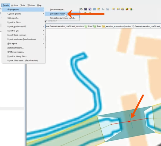 In the GeoPlan, the irregular weir selected and called out with a red arrow. In the Results menu, Graph Reports selected, and in the flyout, Simulation report selected and called out with a red arrow.
