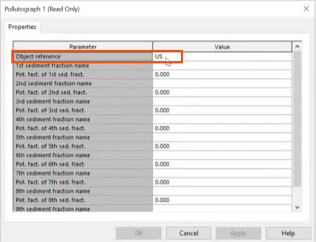 The Pollutograph properties, with US assigned as the Object Reference and highlighted in red.