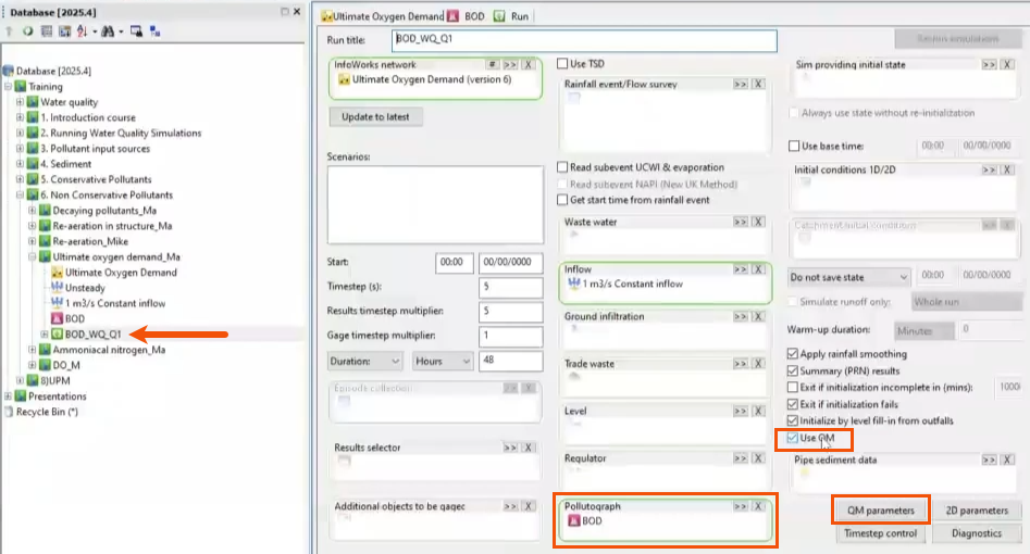 On the left, in the Database, the previously configured run called out with a red arrow. On the right, in the Run dialog, the added pollutograph, the Use QM option, and the QM parameters button all highlighted in red.