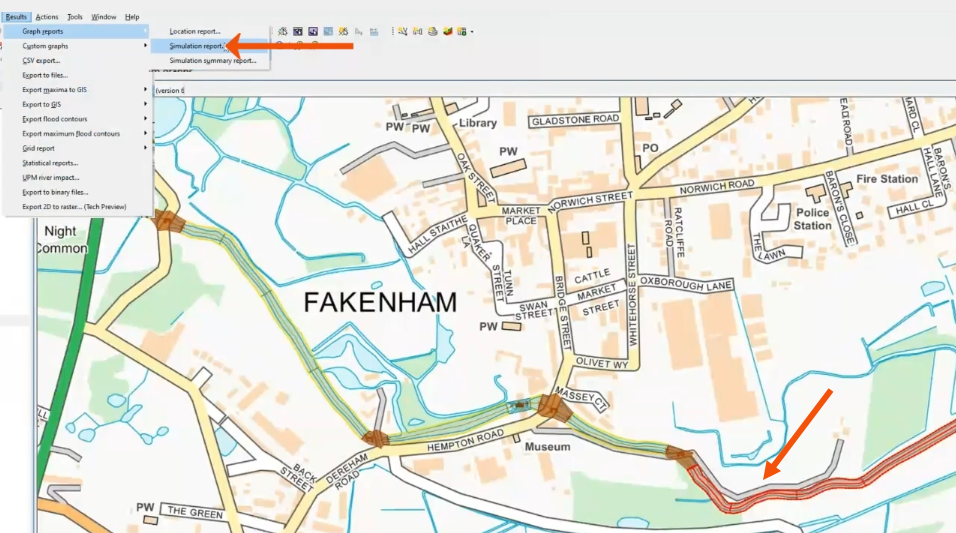 In the GeoPlan, the river reach selected and called out with a red arrow, and in the expanded Results menu, Graph reports selected, with Simulation report selected in the flyout.