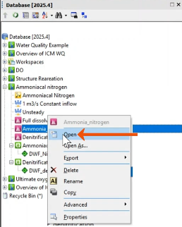 In the Explorer window, the expanded context menu for the pollutograph, with Open selected and called out with a red arrow.