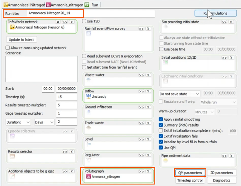 The Run dialog configured for this example, with the Run title, the added pollutograph and the QM parameters button all highlighted in red.