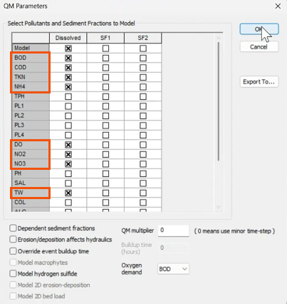 In the QM Parameters dialog, the determinants selected for this example highlighted in red and OK being selected.