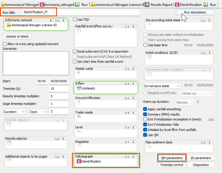 The Run dialog, with the Pollutograph, Run title, and QM parameters highlighted in red.