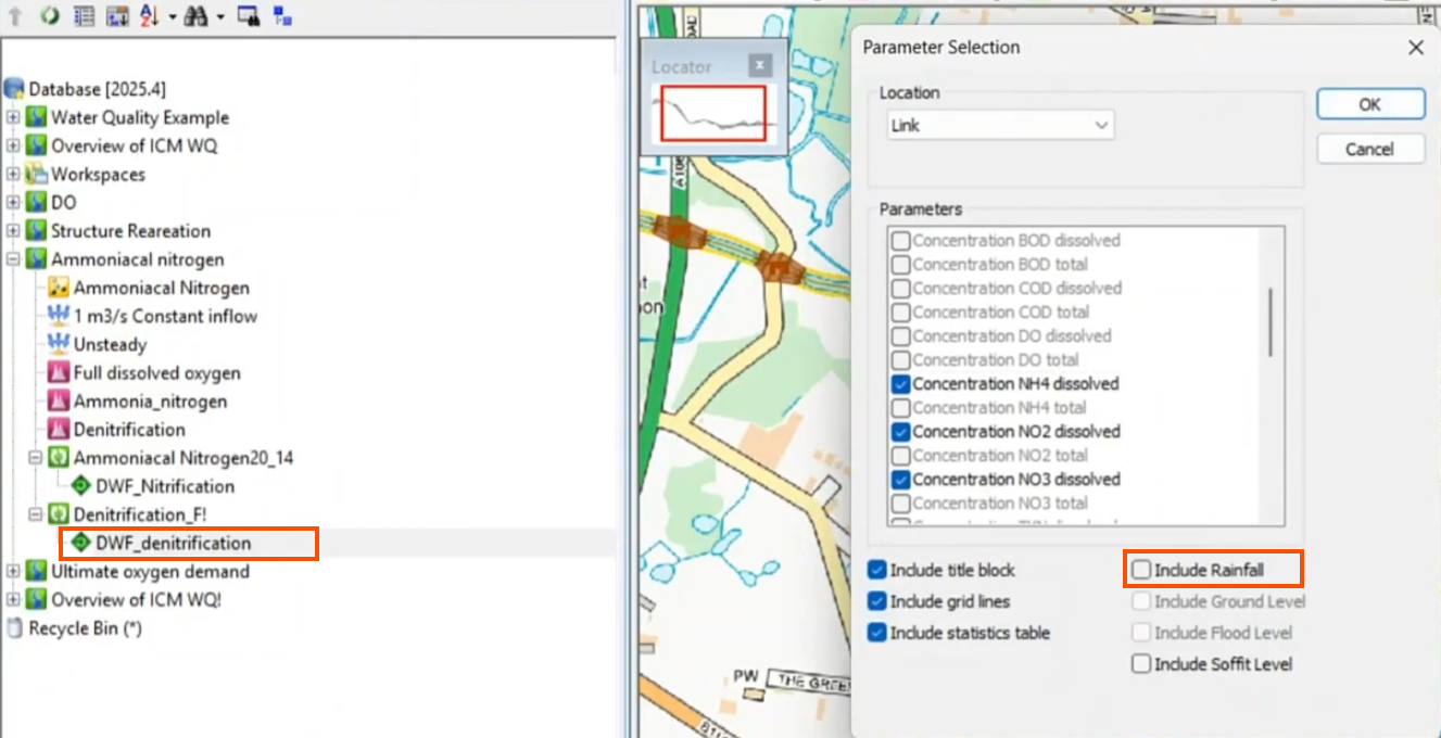 In the Explorer window, the results simulation highlighted in red. In the Parameter Selection dialog, parameters selected for this example, with Include Rainfall deselected and highlighted in red.