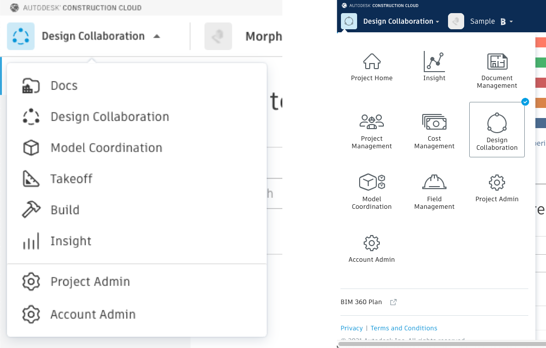 screenshots of hte ACC product dropdown, vs. the grid of the BIM 360 module picker