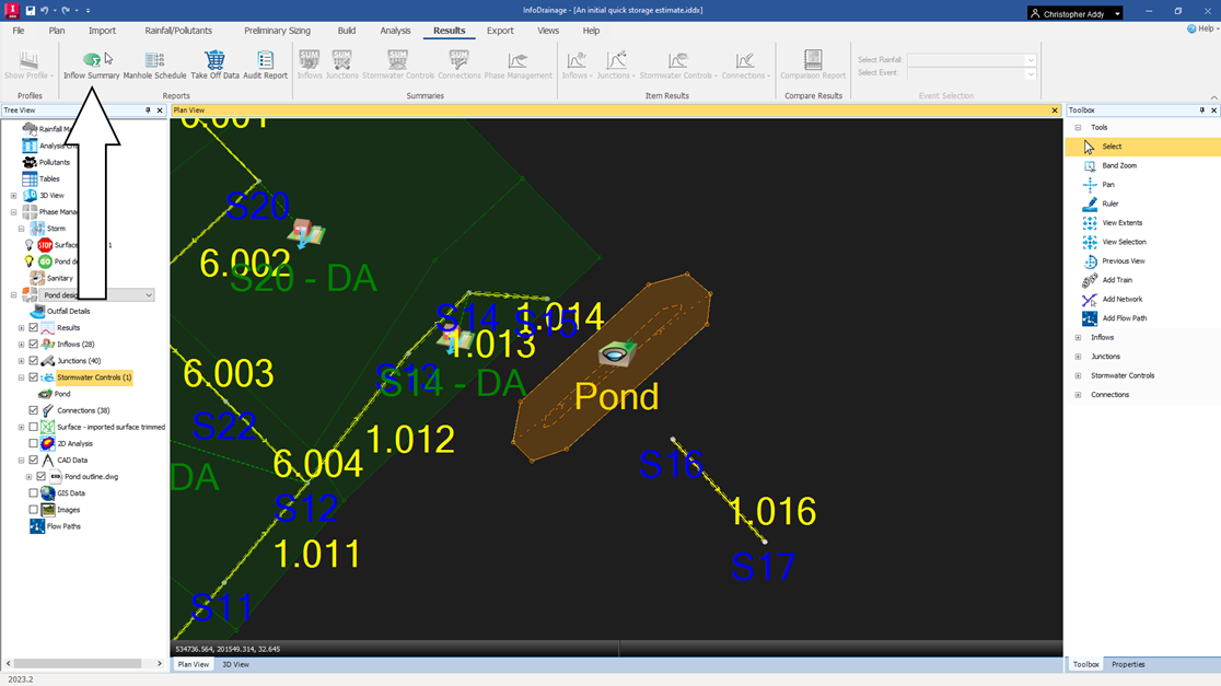 An image of the InfoDrainage interface, with the Plan View zoomed in on the pond and the Inflow Summary tool called out in the ribbon.