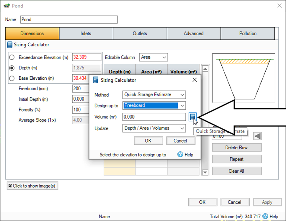 The Pond dialog box is open in the background, and the Sizing Calculator is open in the foreground, with the Method and Design up to values entered and the calculator icon for the Quick Storage Estimator called out.