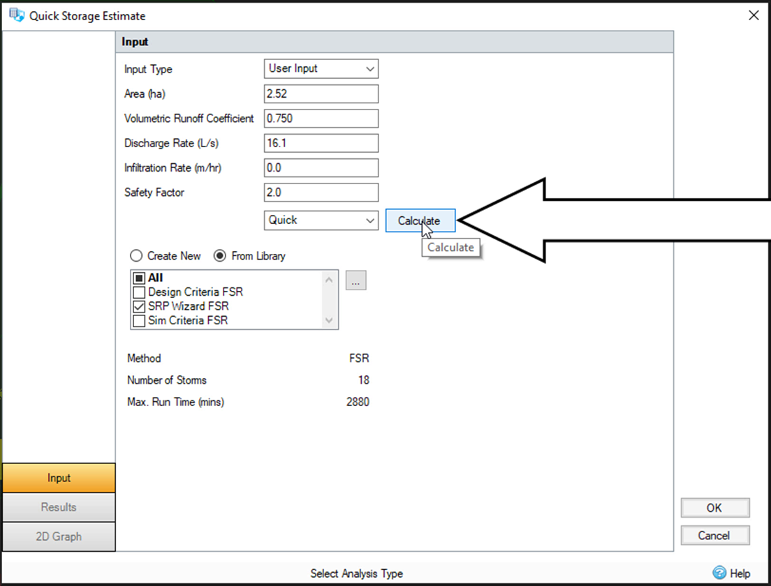 The Quick Storage Estimate dialog box open, with all the desired values input from steps 11 – 16 and the Calculate icon called out.