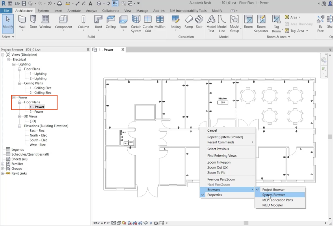 The Revit interface with the current view 1-Power highlighted in the Project Browser; and in the drawing area, Browsers selected in the shortcut menu, with System Browser selected in the flyout.