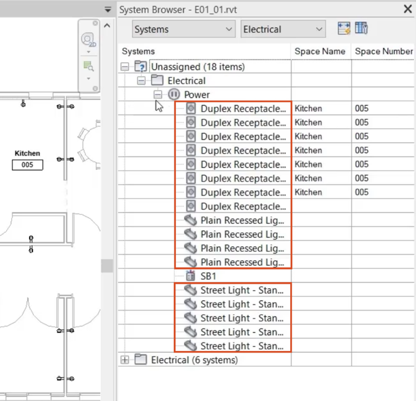 In the System Browser, Unassigned, Electrical, and Power branches expanded, with unassigned receptacles and lighting fixtures highlighted in red.