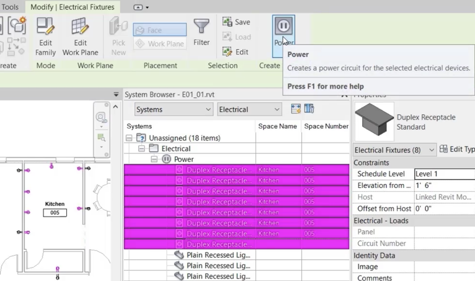 8 unassigned receptacles highlighted in the System Browser and in the floor plan, and on the Modify | Electrical Fixtures contextual tab, Power selected.