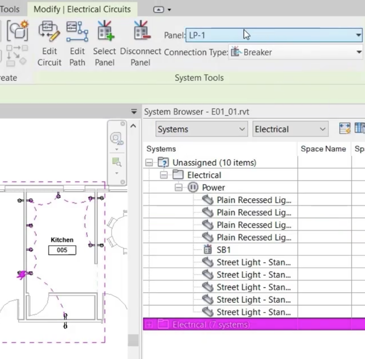 In the System Browser, the receptacles no longer in the unassigned list; and in the floor plan, the receptacles are connected by dotted lines.