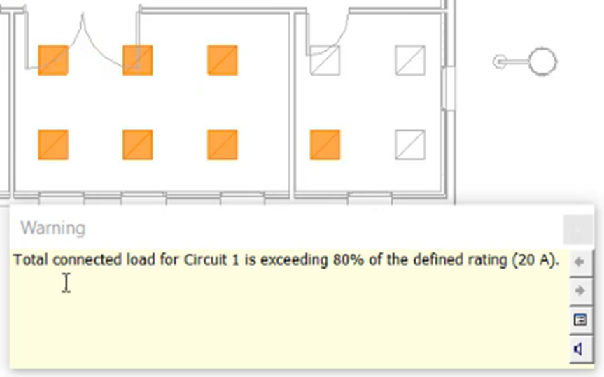 In the floor plan, the fixtures on the circuit and one fixture to be assigned appear highlighted, with a warning message that 80% of the defined rating has been exceeded for the circuit.