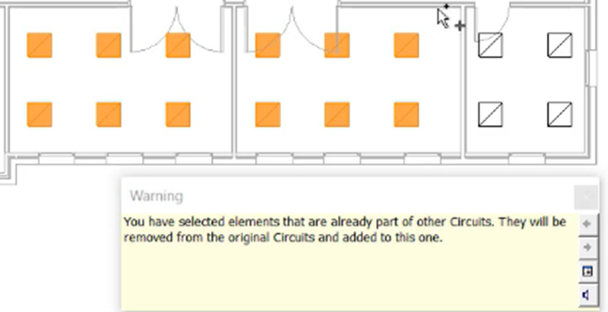 In the floor plan, 6 fixtures in each of 2 rooms selected to be moved to the new circuit, with a message warning that some selected elements are part of other circuits and will be moved to the new one.