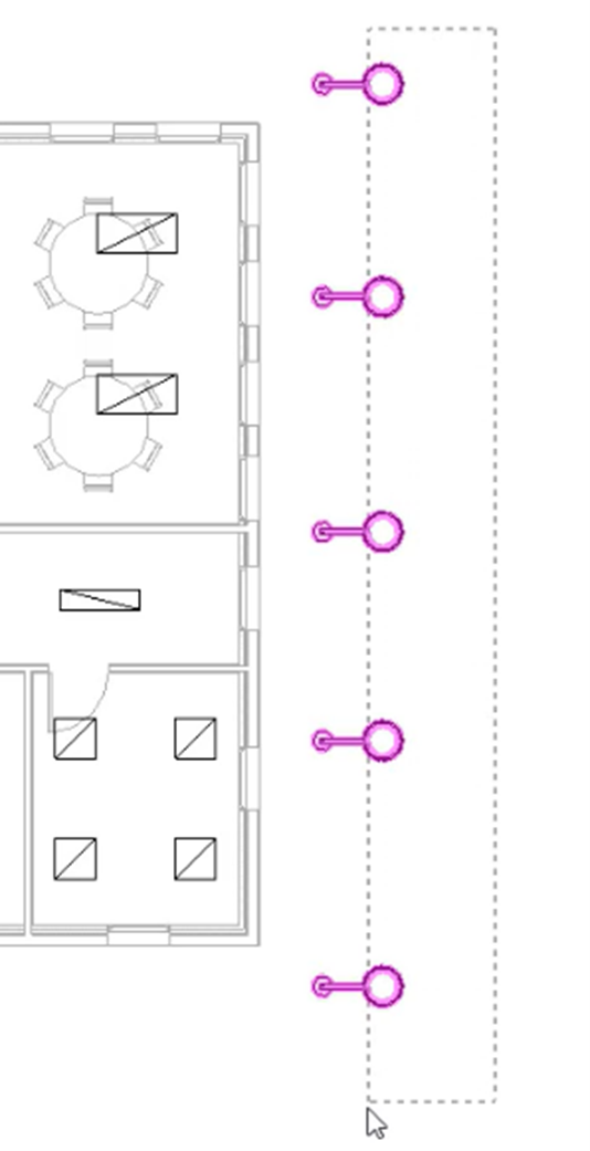 In the parking lot area of the plan view, a selection window is being drawn around the five Street Light fixtures.