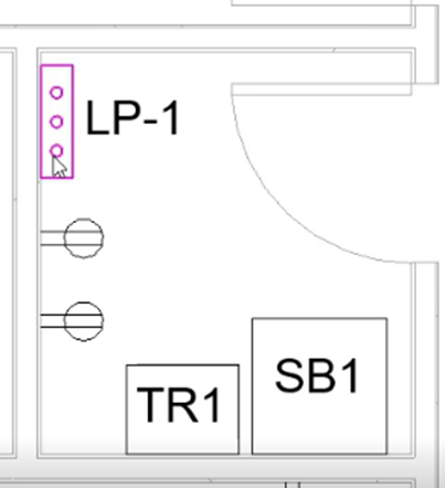 In a zoomed in view of the plan, selecting panel board LP-1.