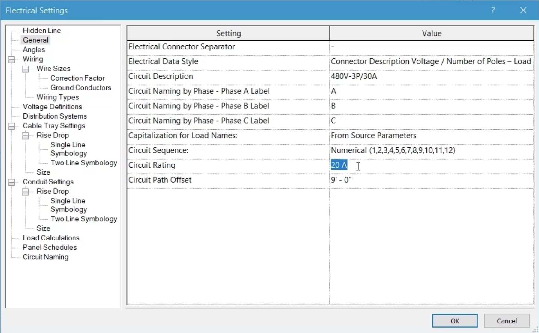 In the Electrical Settings window, the Circuit Rating set to the default 20A.