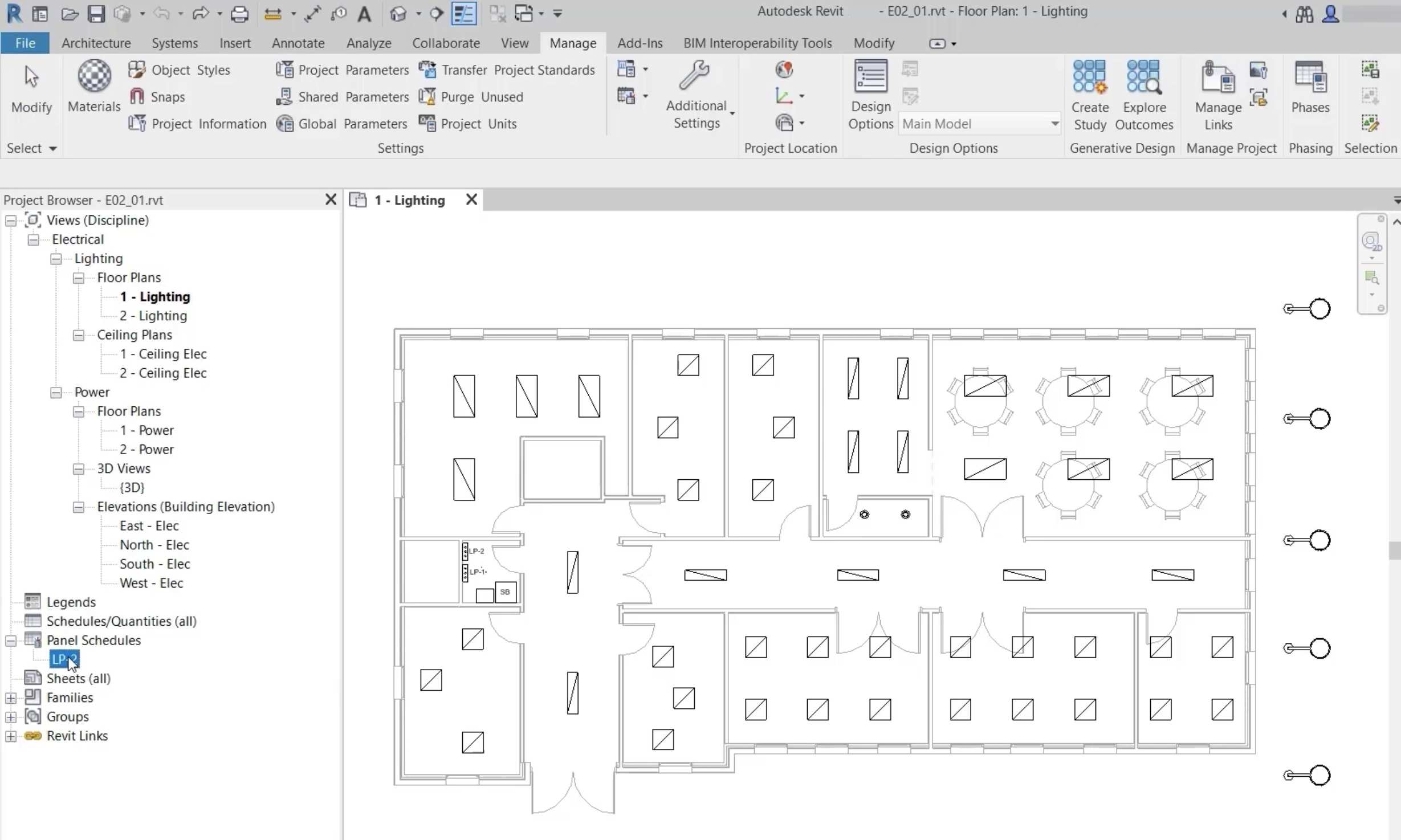 The top-left corner of the Revit interface showing the Project Browser open and the 1 – Lighting floor plan open in the drawing area.