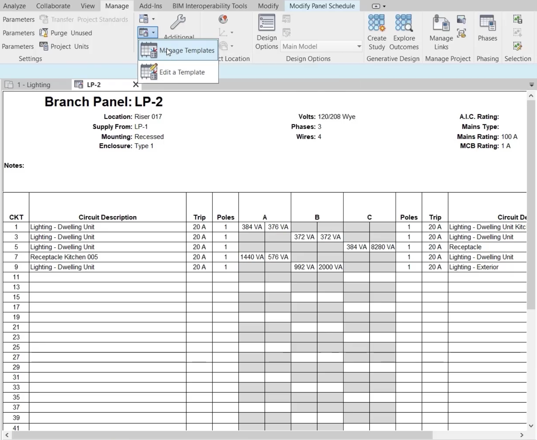 A portion of the Revit interface showing the Manage ribbon with the Panel Schedule Templates drop-down open and Manage Templates being selected, with the Branch Panel: LP-2 schedule open in the Modification window.