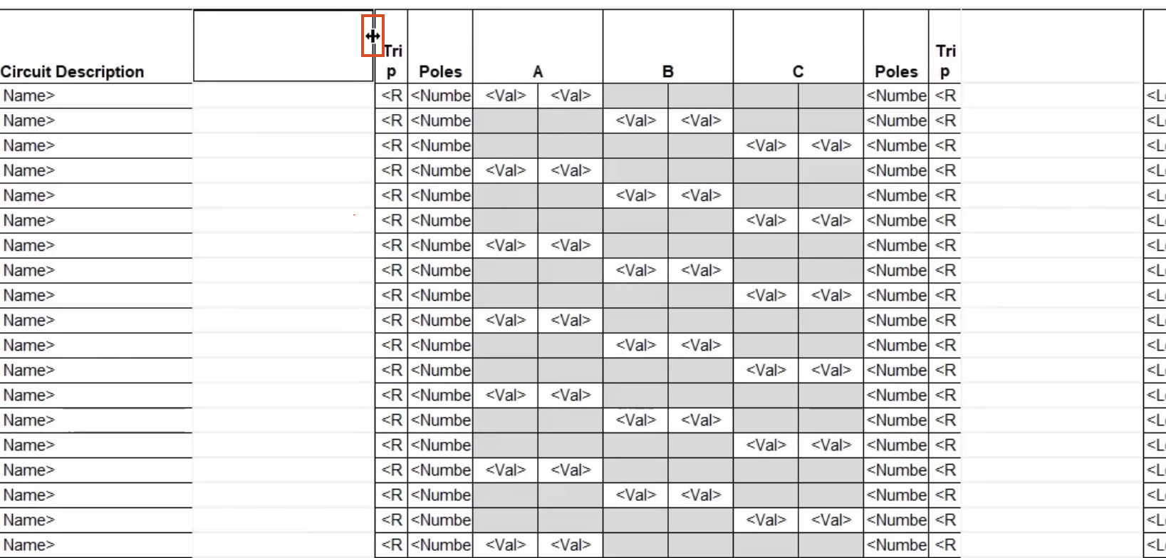 A portion of the table in the Modification window, with the new columns added and the column widths being adjusted.