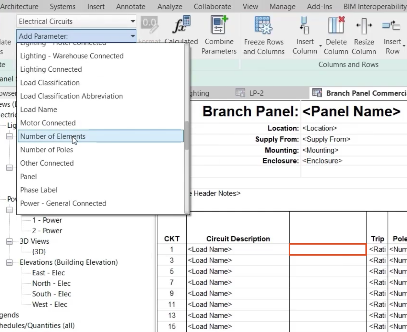 A portion of the Revit ribbon and Modification window, with the Add Parameter drop-down open and Number of Elements selected, and one of the cells from the new left-side column highlighted in red as having been selected.