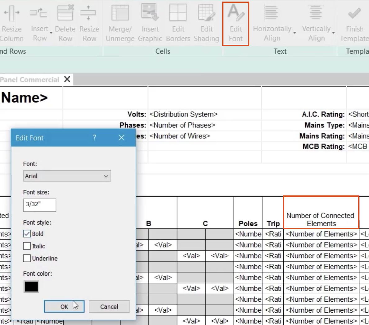 A portion of the Revit ribbon and Modification window, with the Edit Font button on the ribbon highlighted in red, and the Edit Font dialog box open in front of the table, with the font set to Arial, Bold, and black and OK being selected.