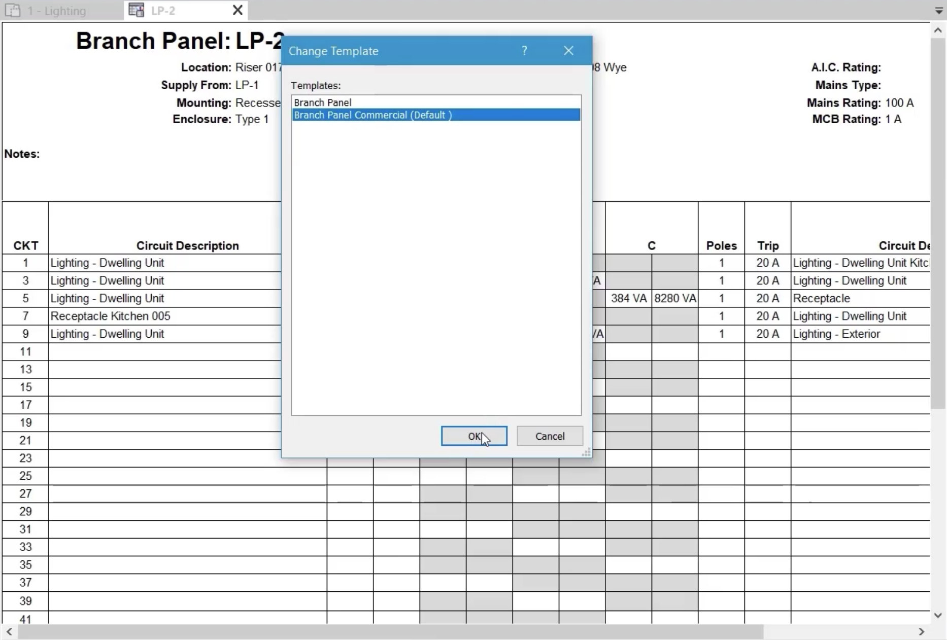 The Change Template dialog box open in front of the Modification window, with the Branch Panel Commercial (Default) template highlighted as selected, and OK being clicked.