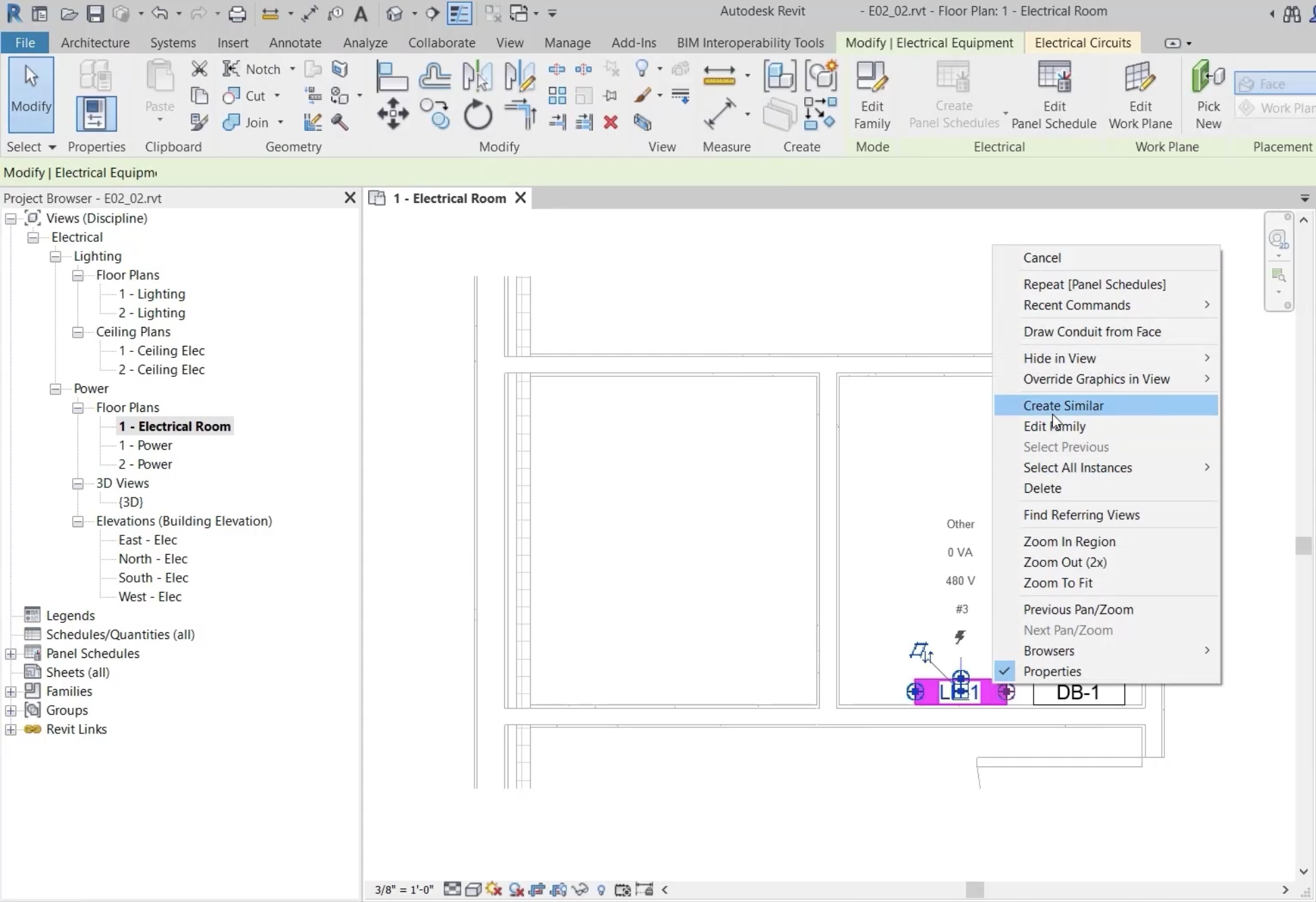 In the Revit interface, in the 1-Electrical Room view for the project, the context menu for panel board LP-1, with Create Similar selected.