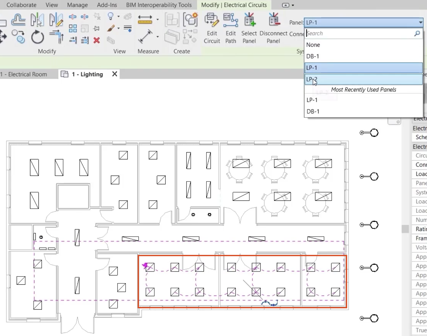 In the floor plan, selected lighting fixtures in 3 rooms highlighted in red, and in the Panel drop-down, LP-2 selected.