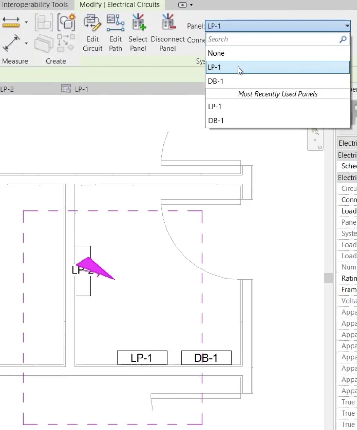 In the plan view, LP-2 is selected, and in the Panel drop-down, panel board LP-1 is being selected.