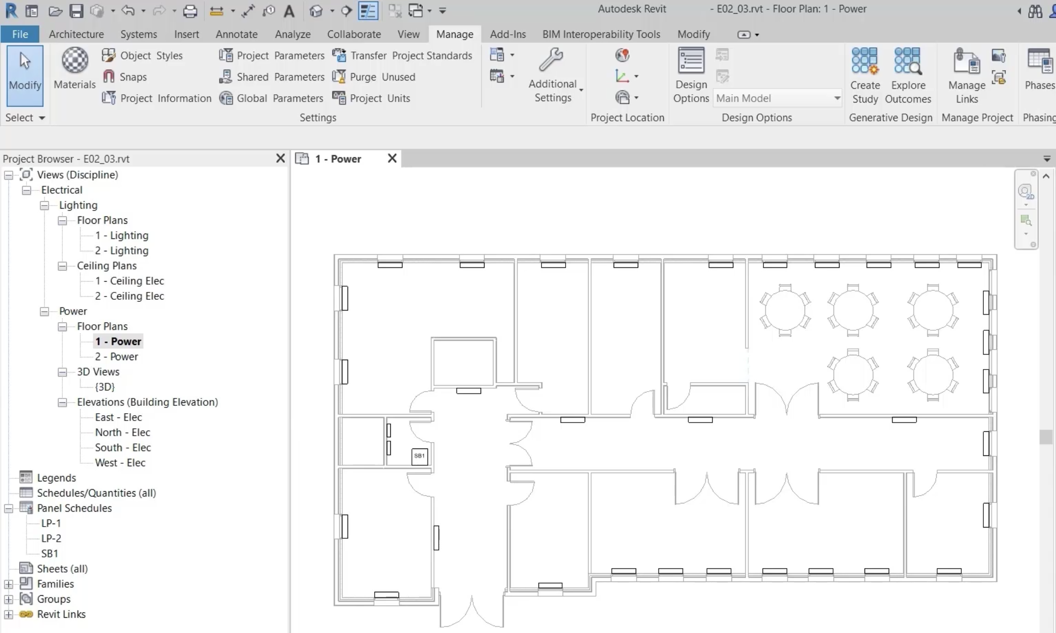 In the Revit interface, the project open to the 1-Power view, which shows heater positions in the floor plan.