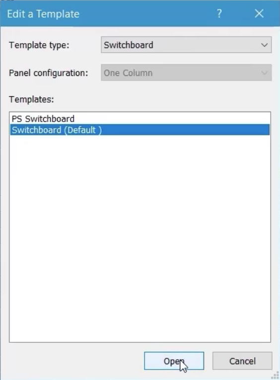 The Edit a Template dialog box, with the Switchboard (Default) template highlighted and Open being selected.