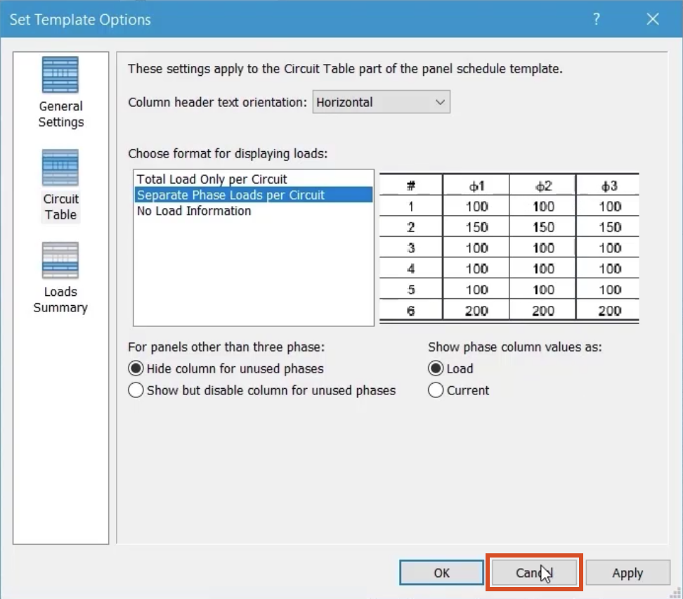 The Set Template Options dialog box, with the Circuit Table options active, Separate Phase Loads per Circuit highlighted, with Cancel selected.