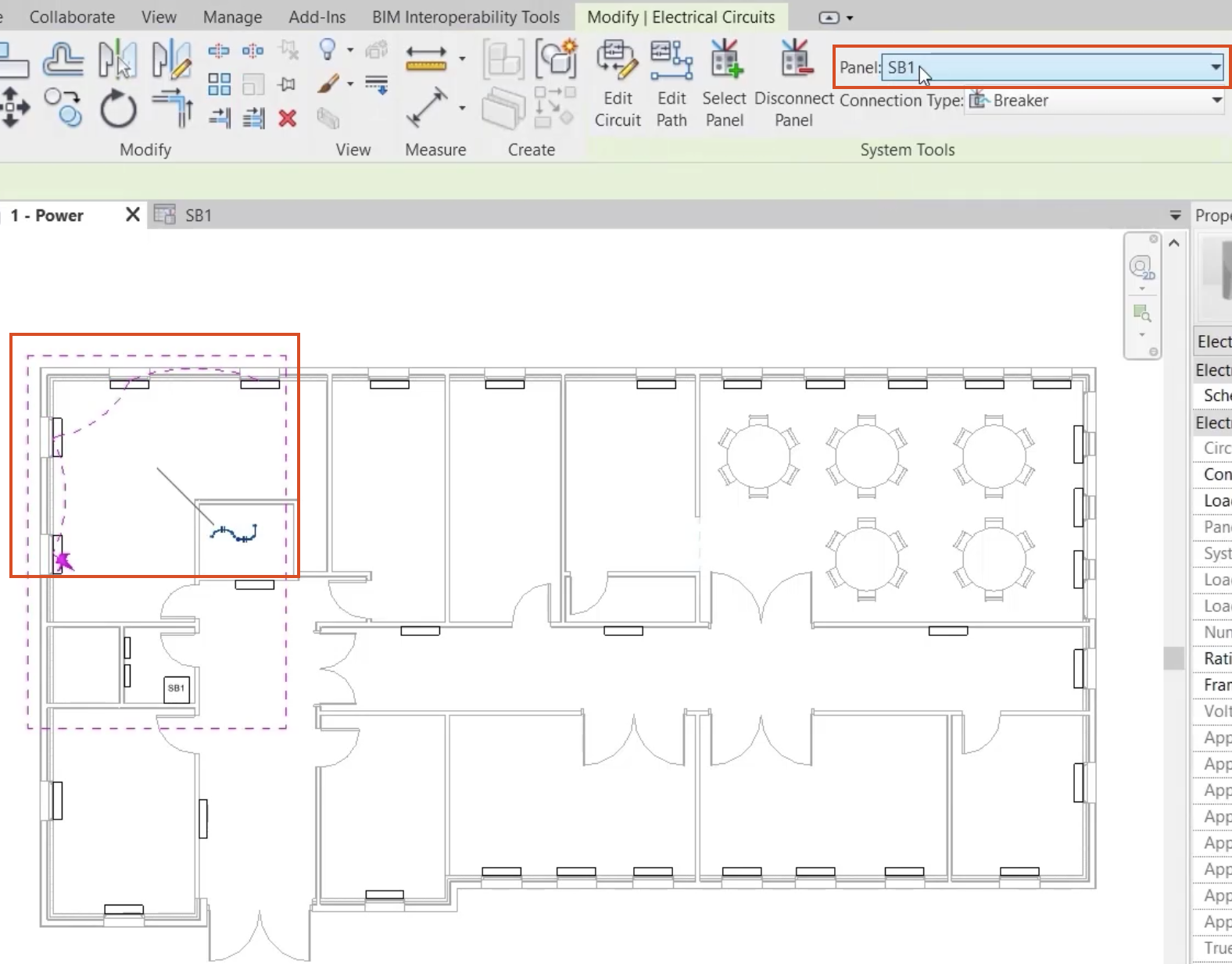 In the Power – 1 view, 4 selected heaters in the top-left room are highlighted, and in the Panel drop-down, SB1 is selected.