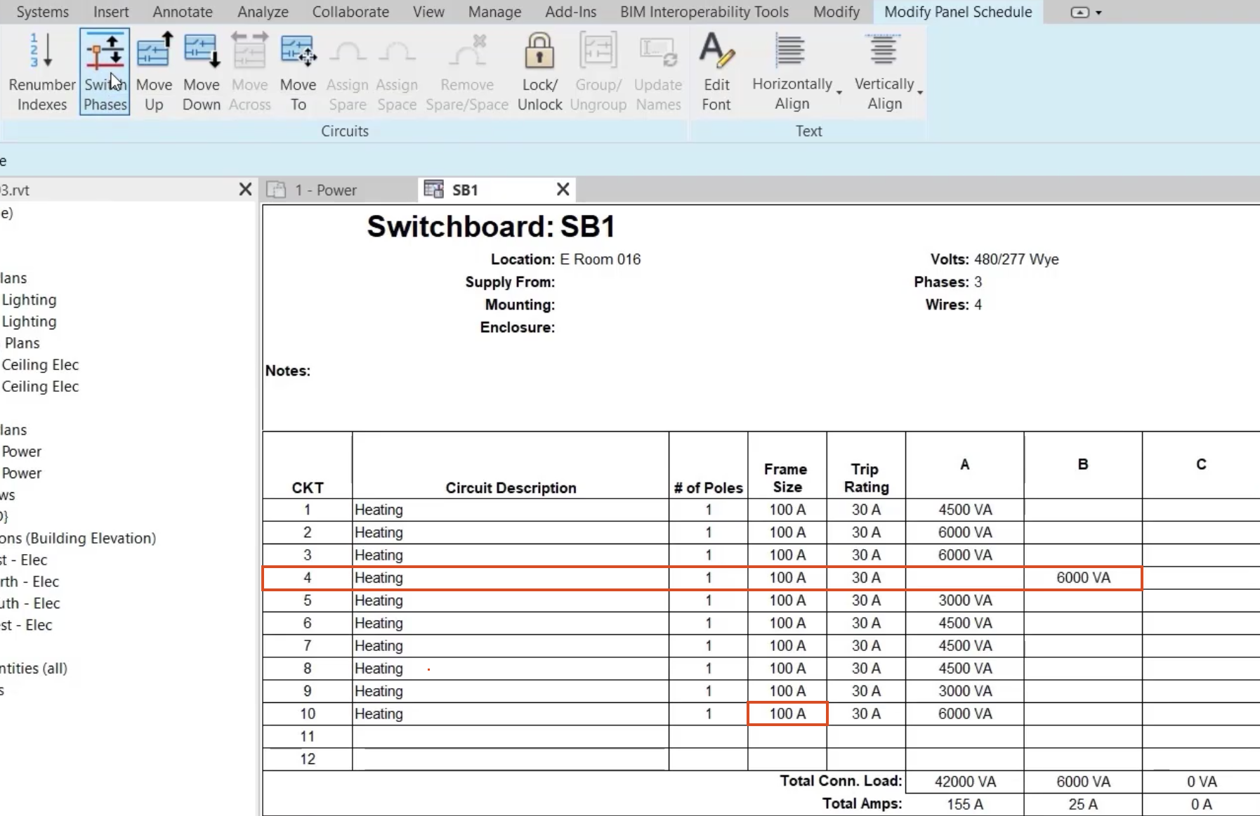 In the SB1 panel schedule, the changed frame size for the new circuit, and Switch Phases selected, with circuit 4 moved to phase B.